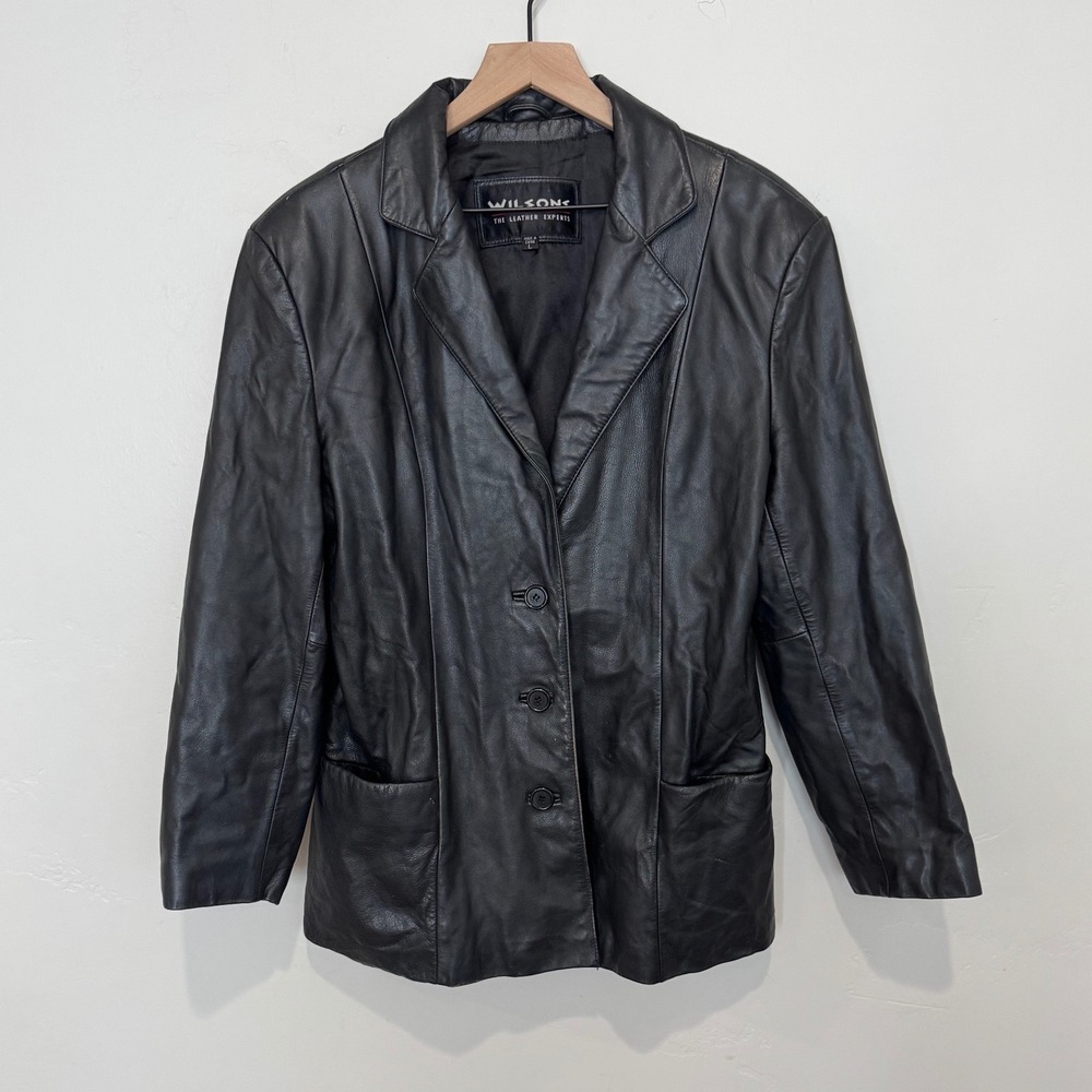 Wilsons Leather Womens Black Leather 3 Button Blazer Jacket L Minimalist Capsule
